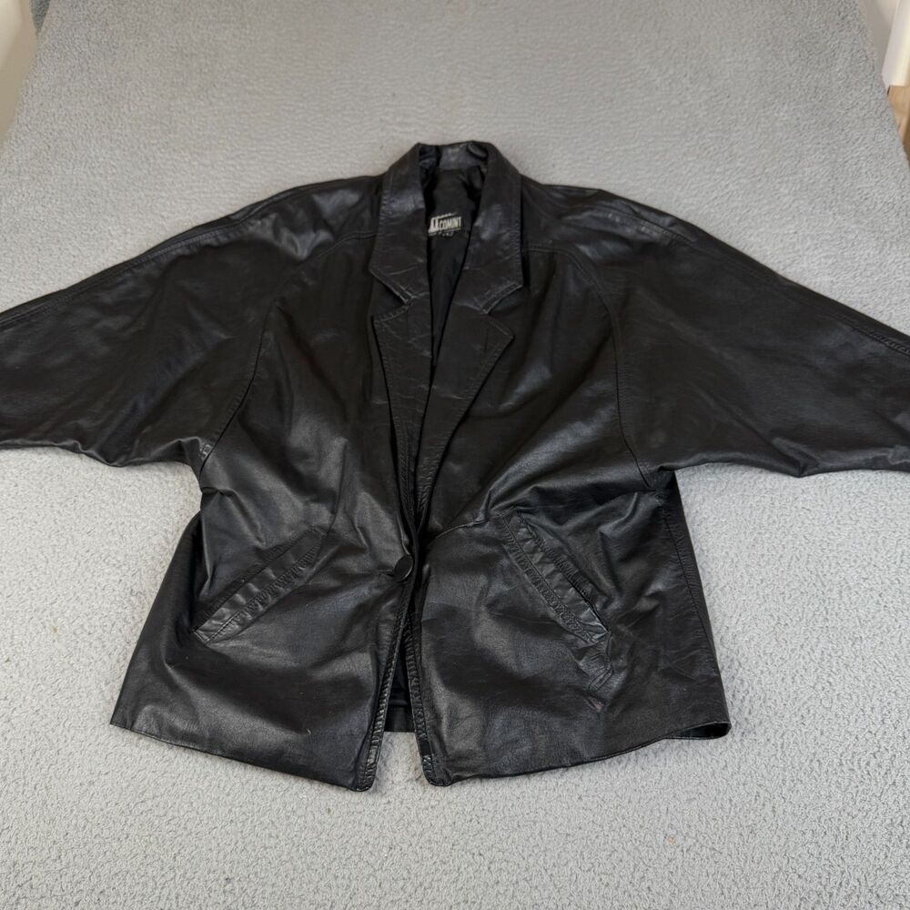 VINTAGE GENUINE Leather Jacket Womens Large Black 1 Button Blazer Argentina Y2K